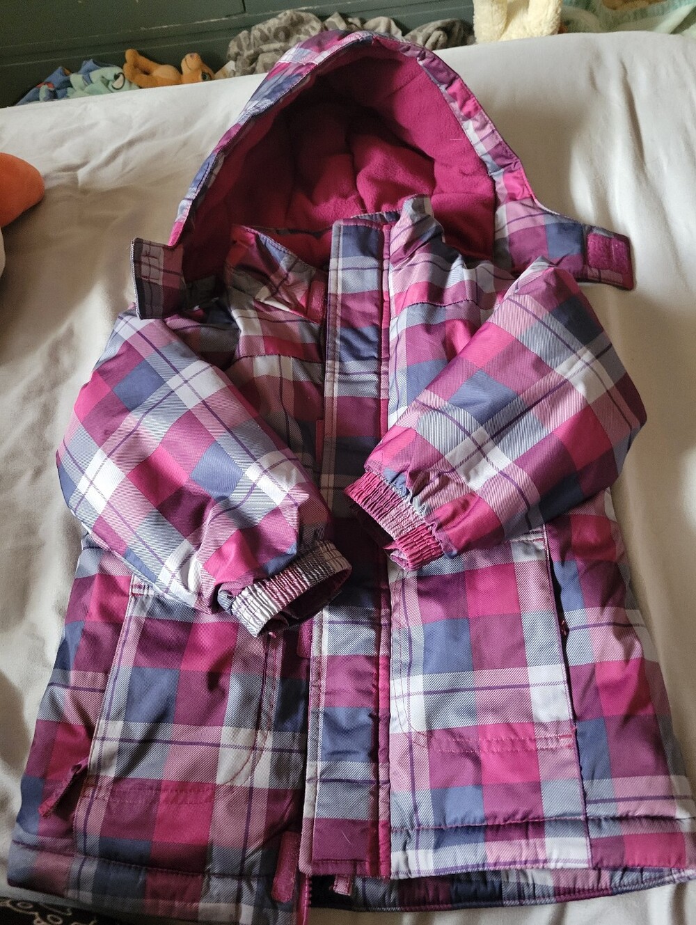 George Pink & Purple Plaid Hooded Puffer Jacket